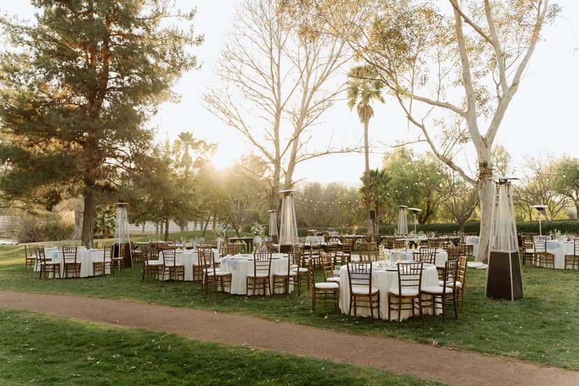 Golden hour over a Hawk Ranch wedding reception